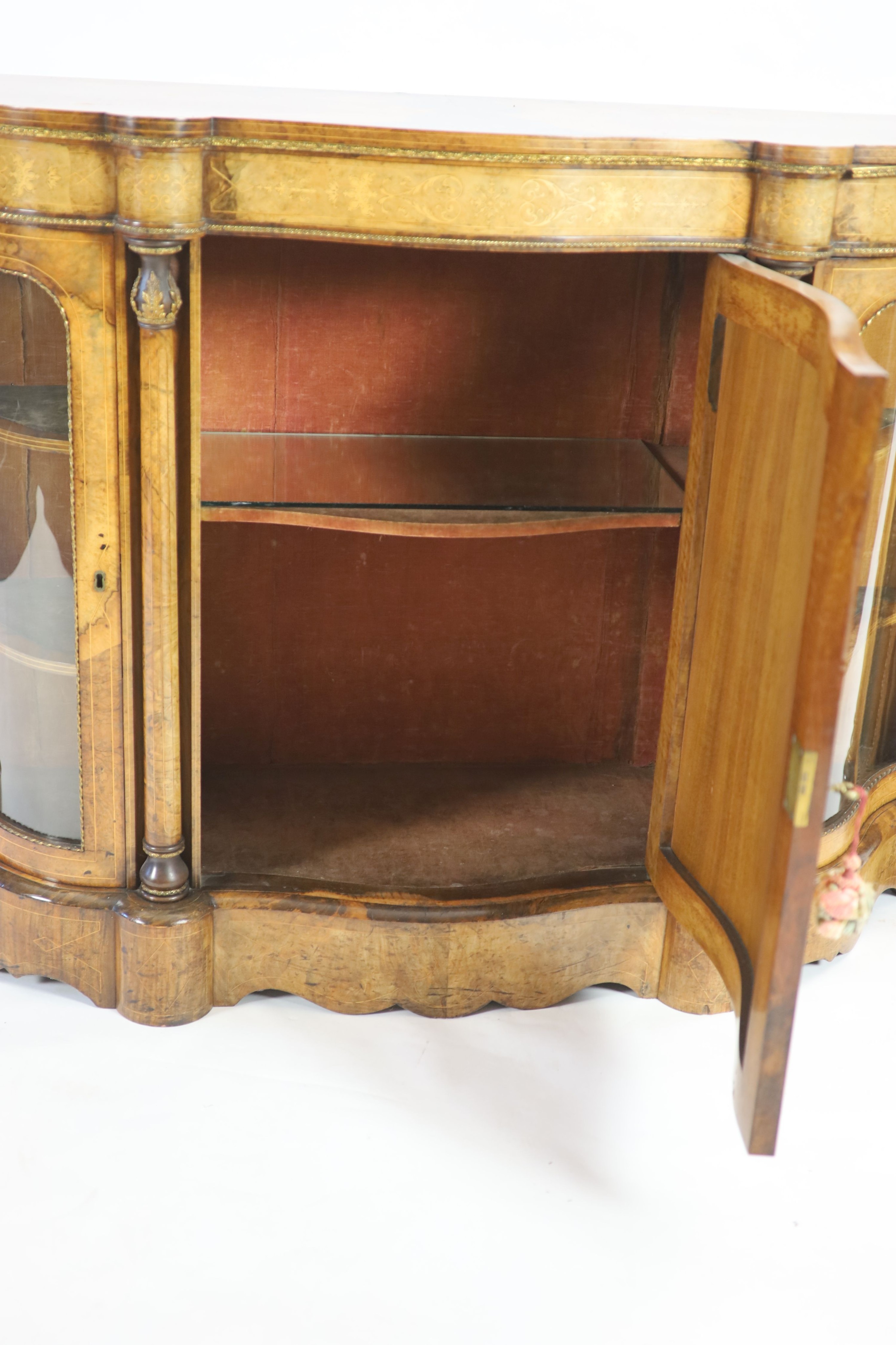 A Victorian marquetry inlaid figured walnut side cabinet W 186cm D 44cm H 110cm